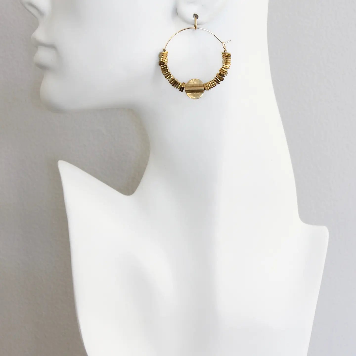 Gold Hematite Hoop Earrings with Disk