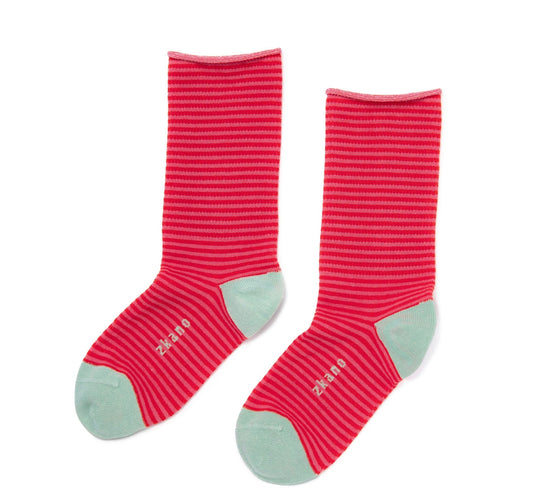 Rose Striped Roll Top Crew Socks - Strawberry