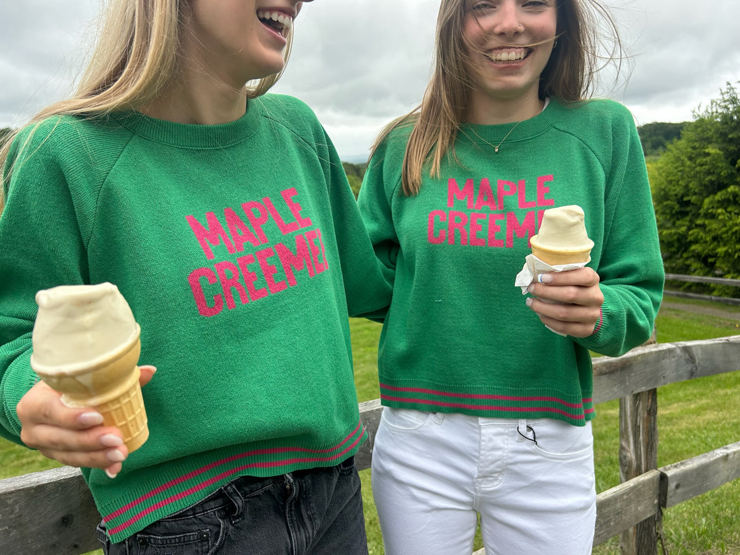 Maple Creemee Raglan Sleeve Sweater - Kelly Green/Pink