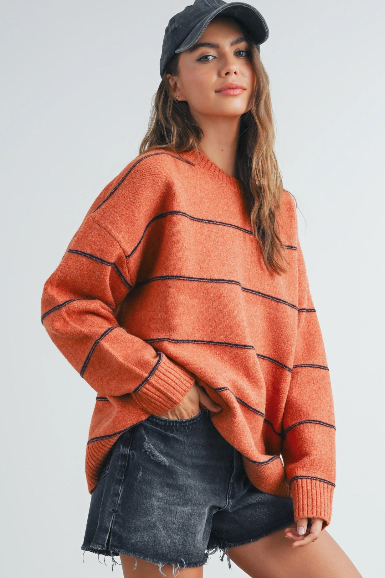 Drop Shoulder Striped Sweater - Rust