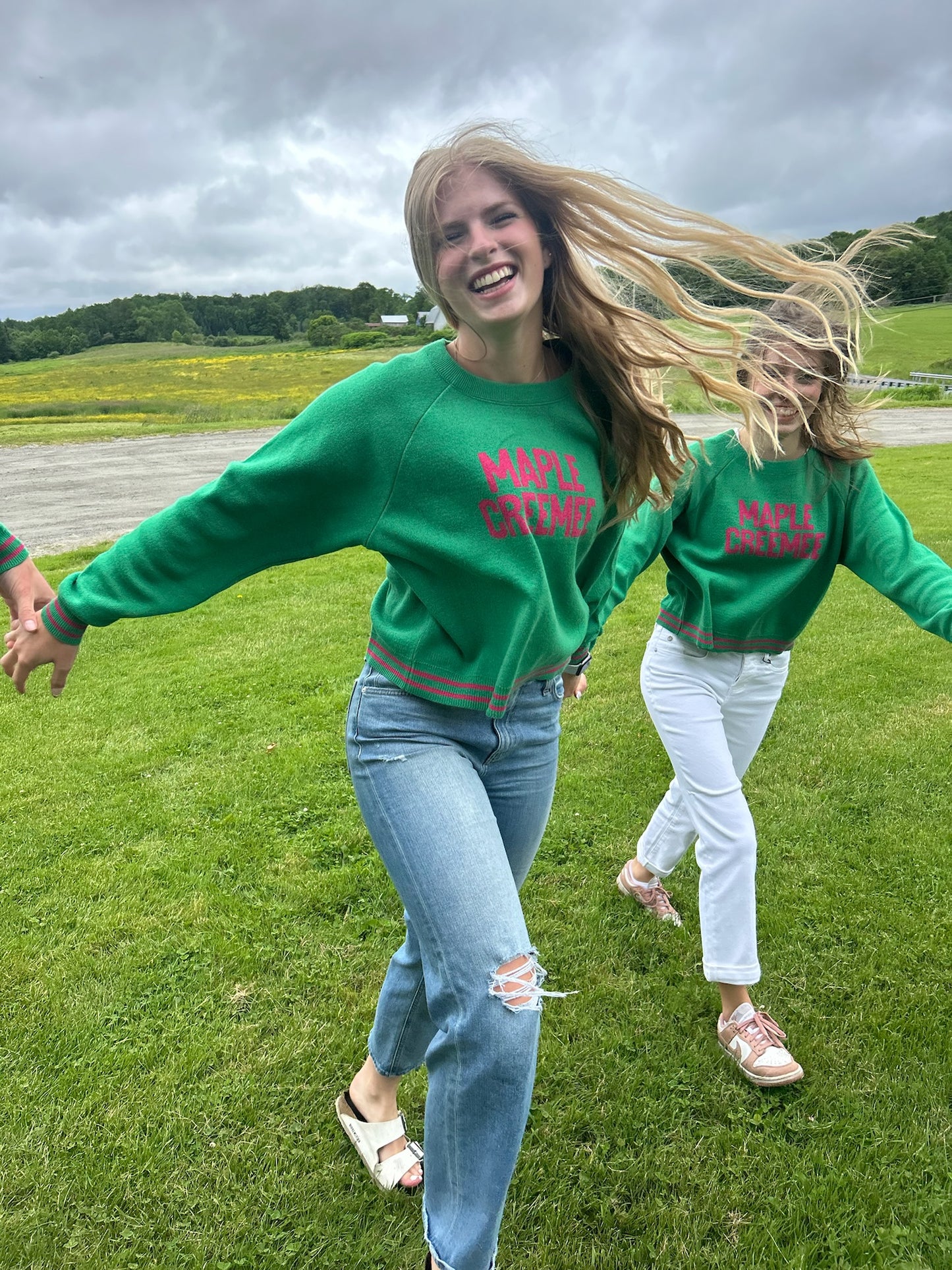 Maple Creemee Raglan Sleeve Sweater - Kelly Green/Pink