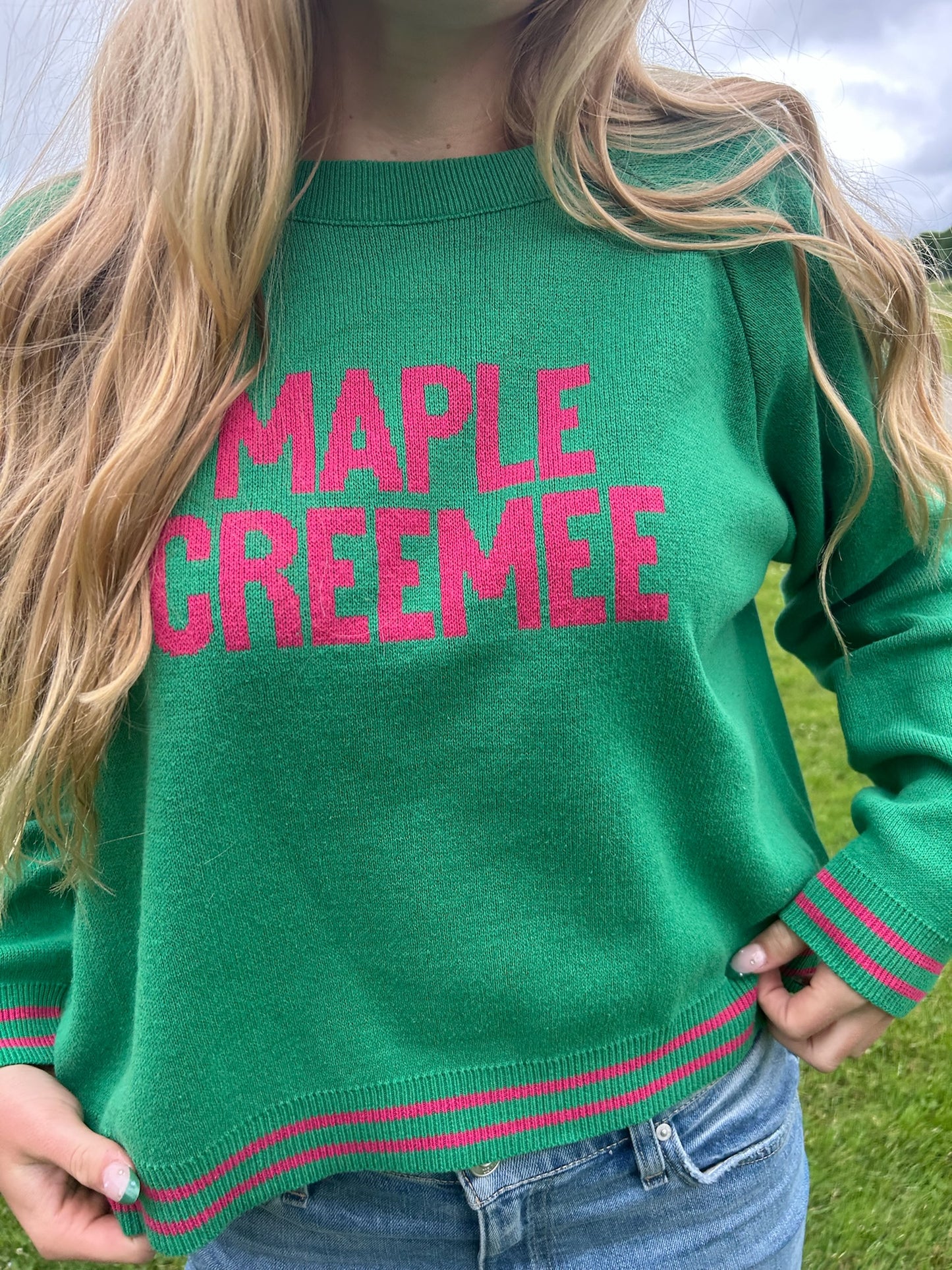 Maple Creemee Raglan Sleeve Sweater - Kelly Green/Pink