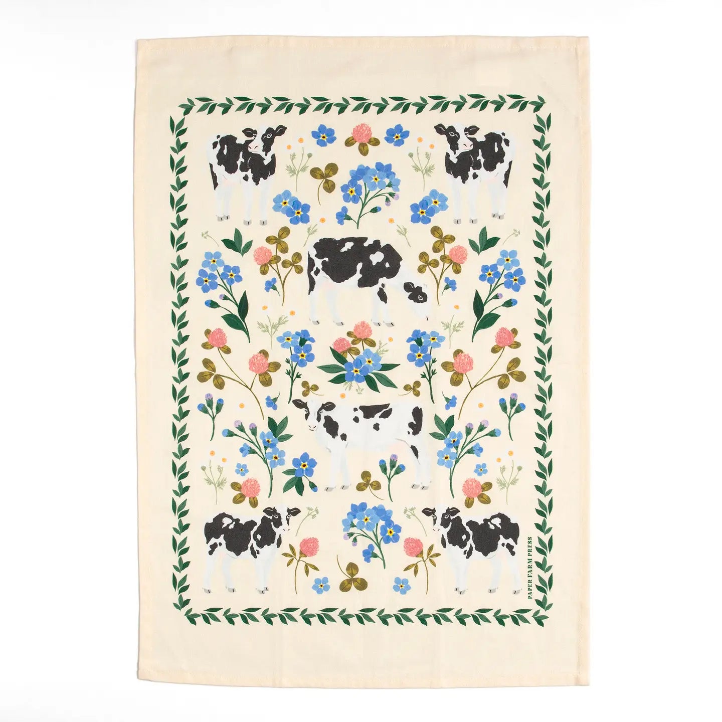 Milk Cows Folk Floral Tea Towel