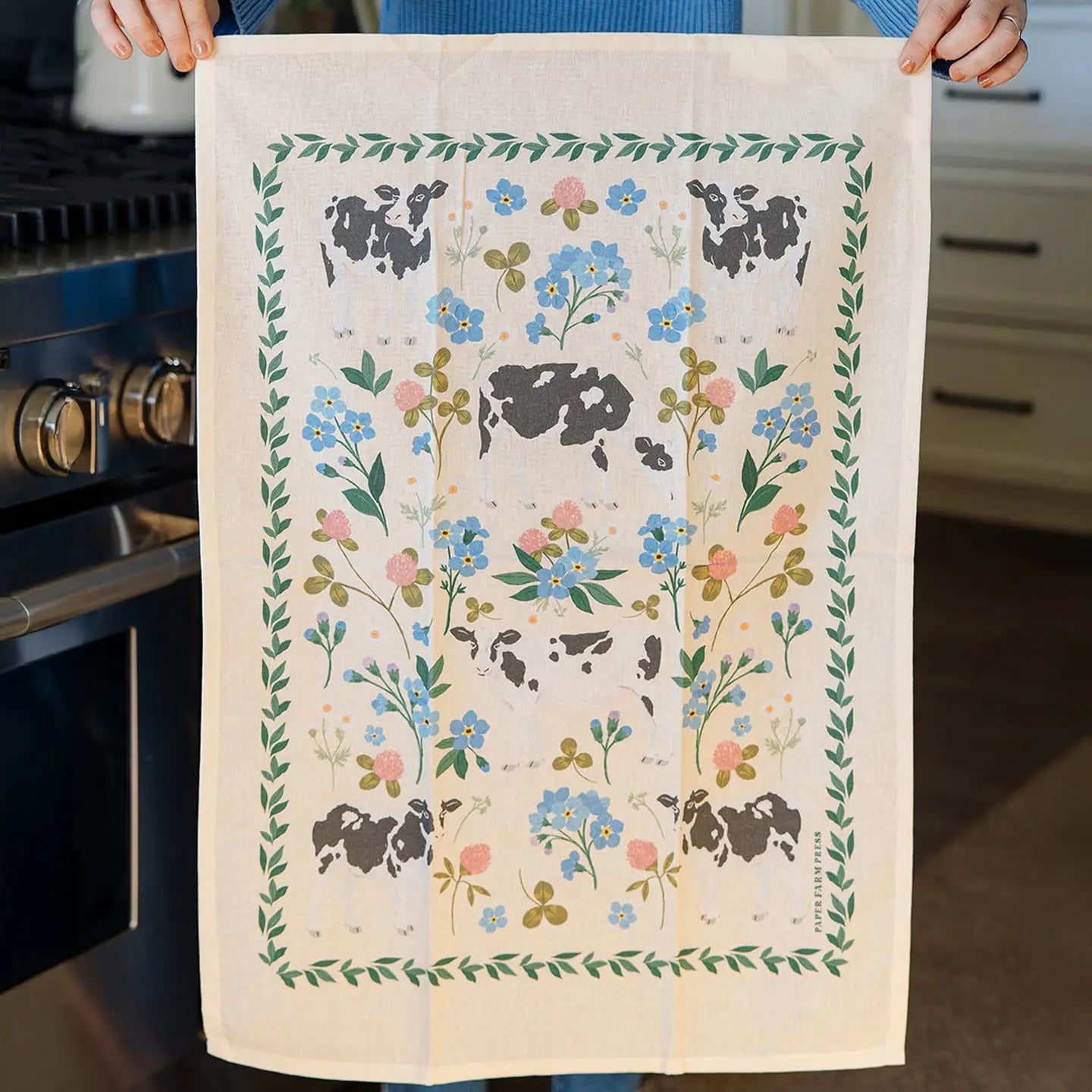 Milk Cows Folk Floral Tea Towel