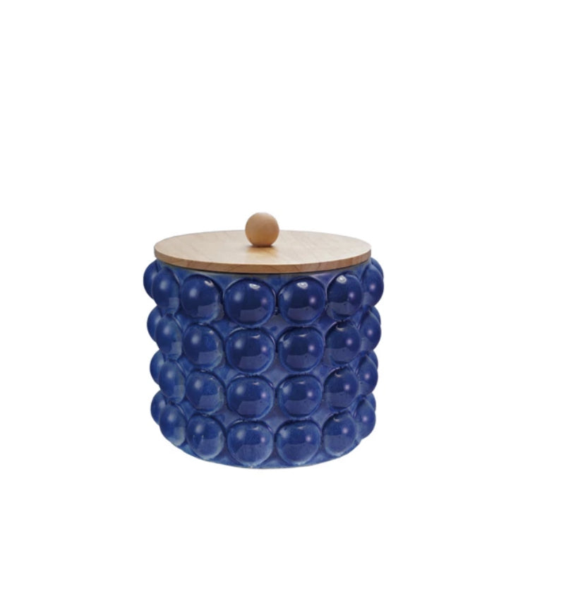 Stoneware Canister with Raised Dots & Wooden Lid