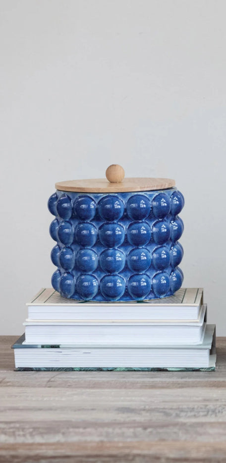 Stoneware Canister with Raised Dots & Wooden Lid