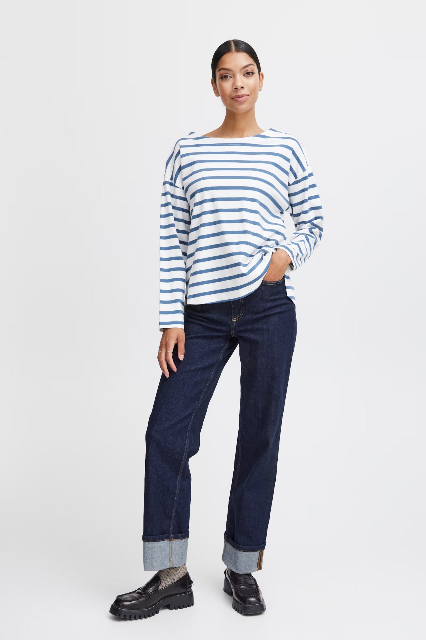 Ramsi Boatneck Long Sleeve Tee - Blue/White