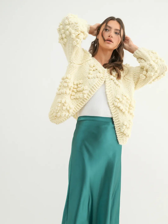 Pom Pom Heart Cardigan Sweater - Cream