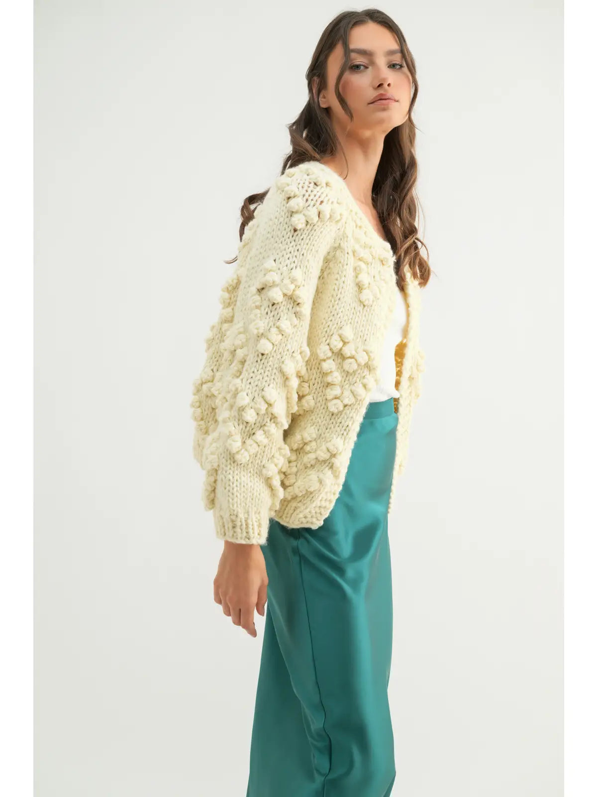 Pom Pom Heart Cardigan Sweater - Cream