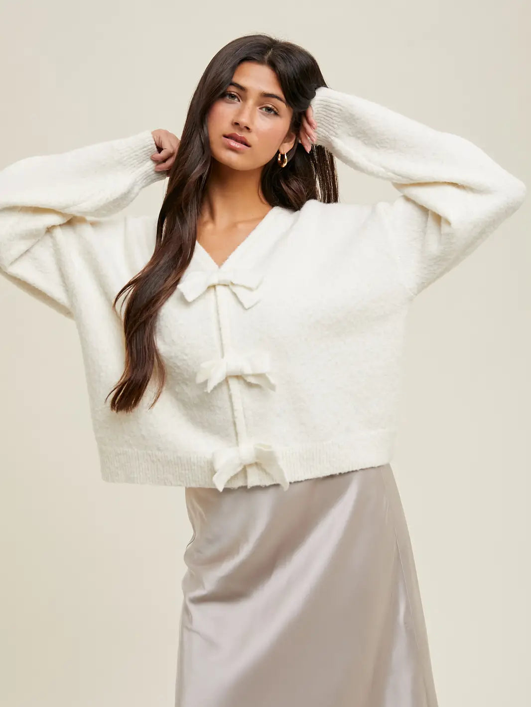 Brushed Bow Cardigan Sweater - White