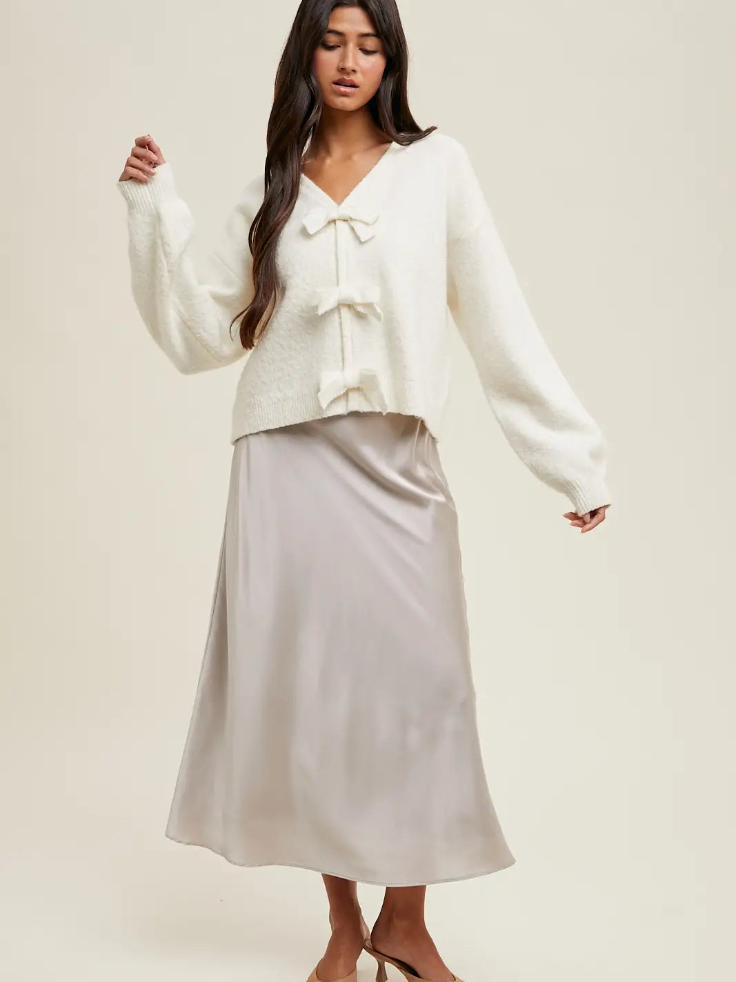 Brushed Bow Cardigan Sweater - White