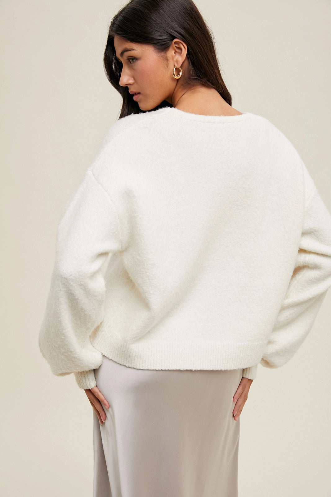 Brushed Bow Cardigan Sweater - White