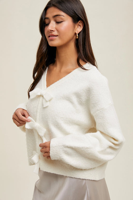 Brushed Bow Cardigan Sweater - White