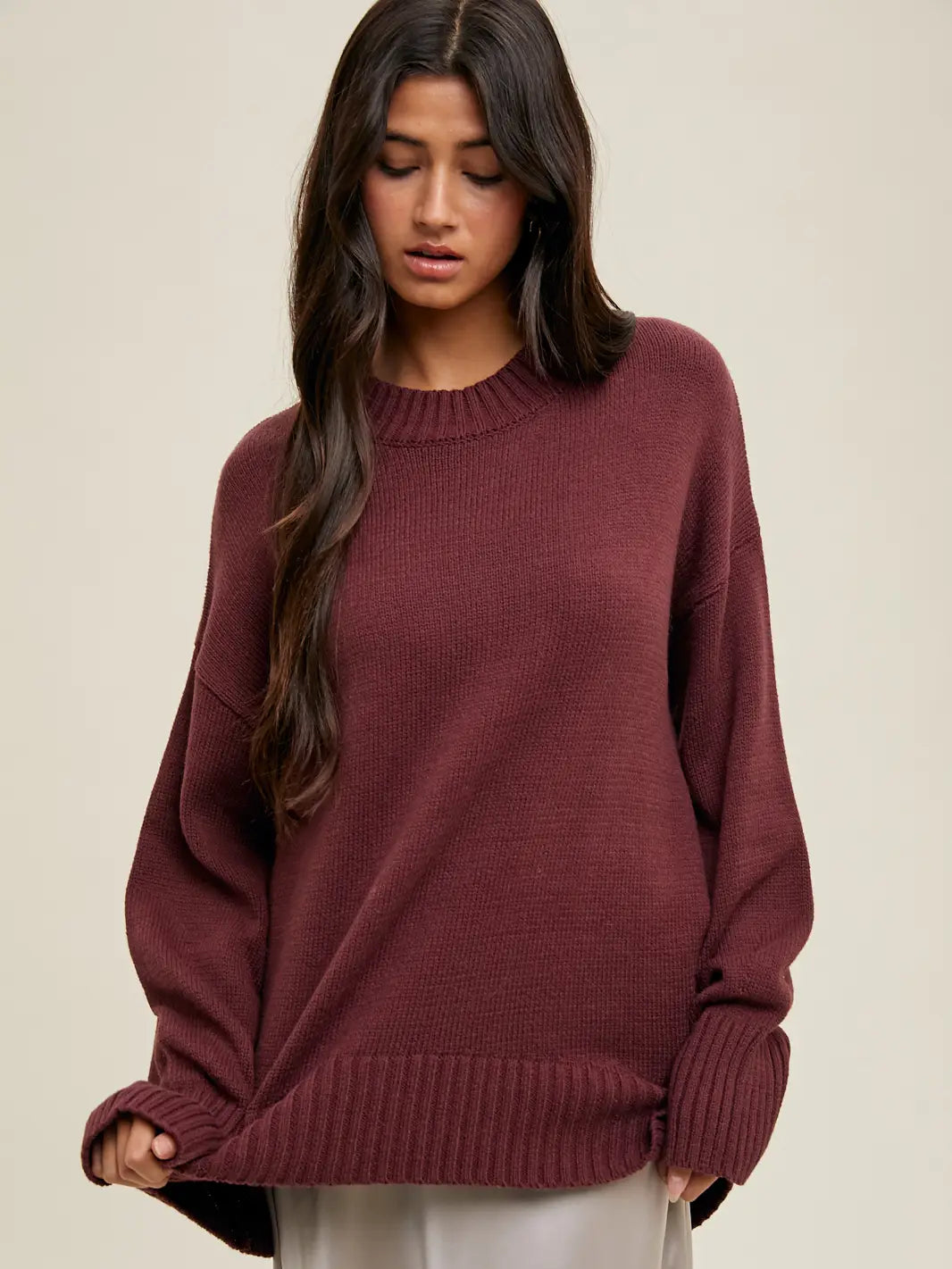 Dropped Shoulder Crew Neck Sweater - Wine
