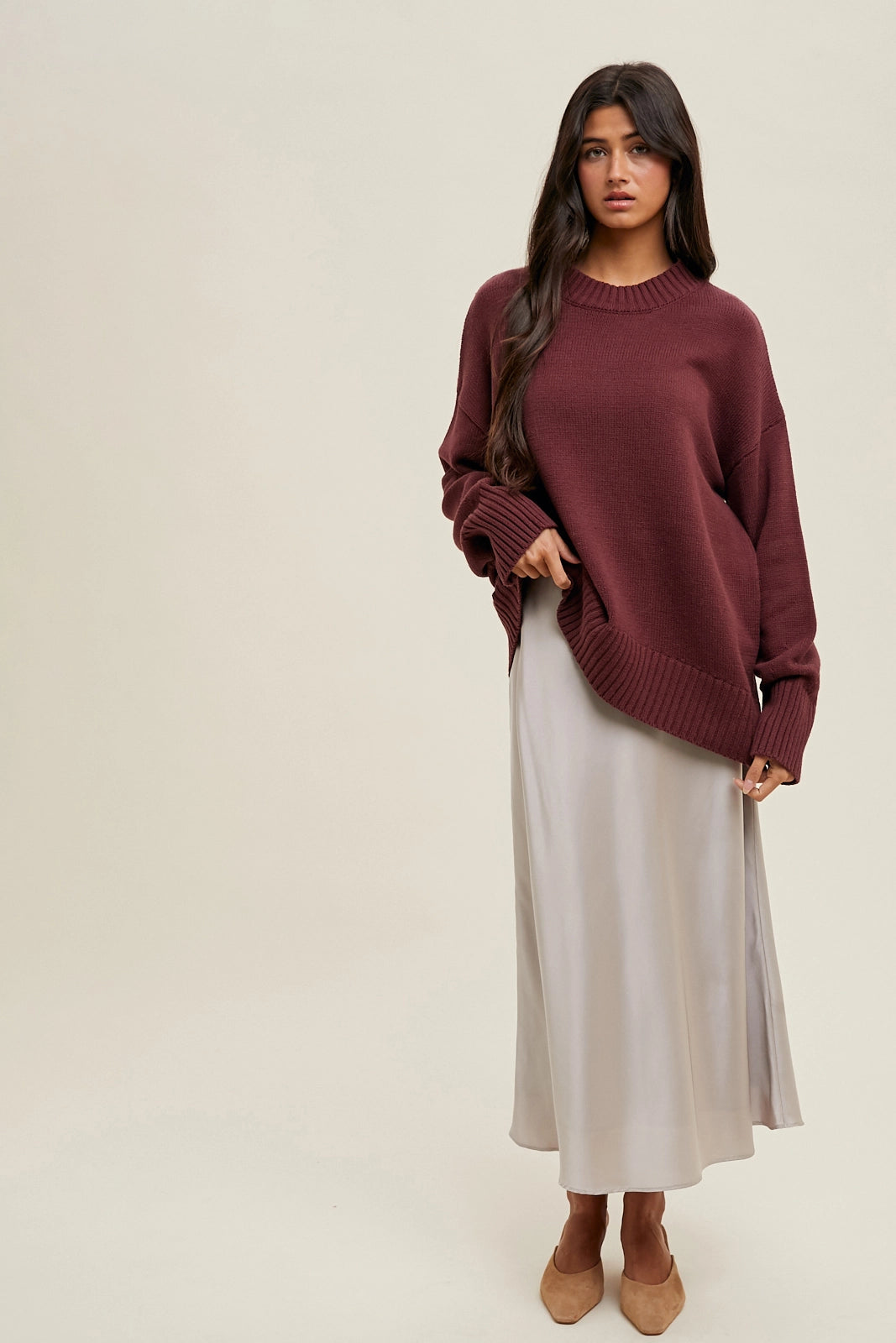 Dropped Shoulder Crew Neck Sweater - Wine