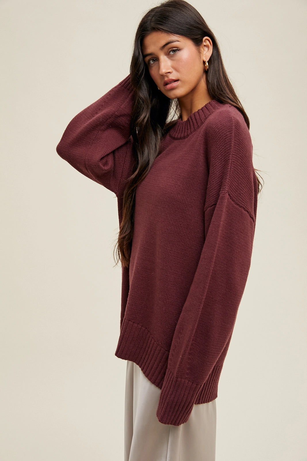 Dropped Shoulder Crew Neck Sweater - Wine