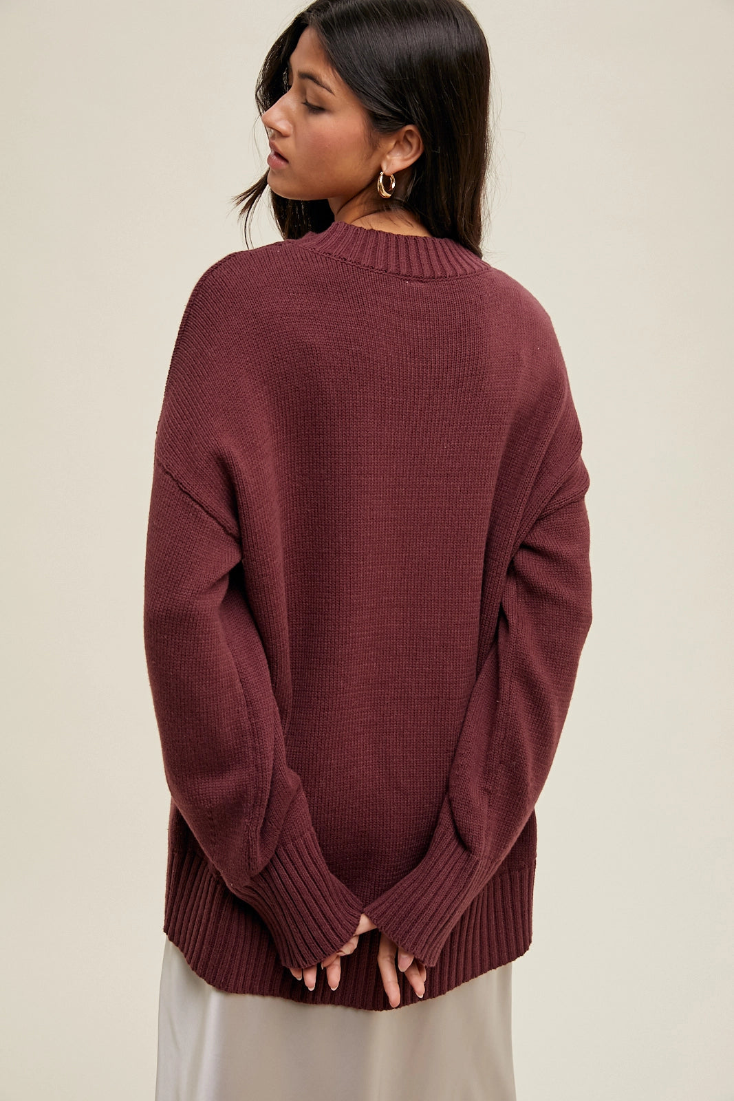 Dropped Shoulder Crew Neck Sweater - Wine