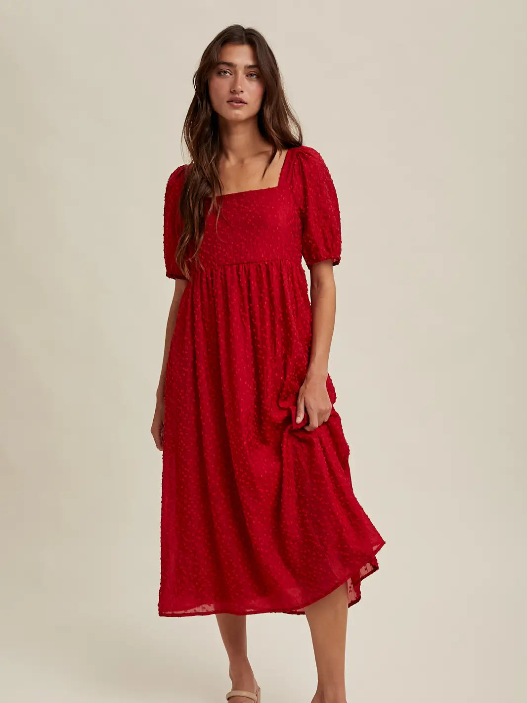 Swiss Dot Midi Dress - Red