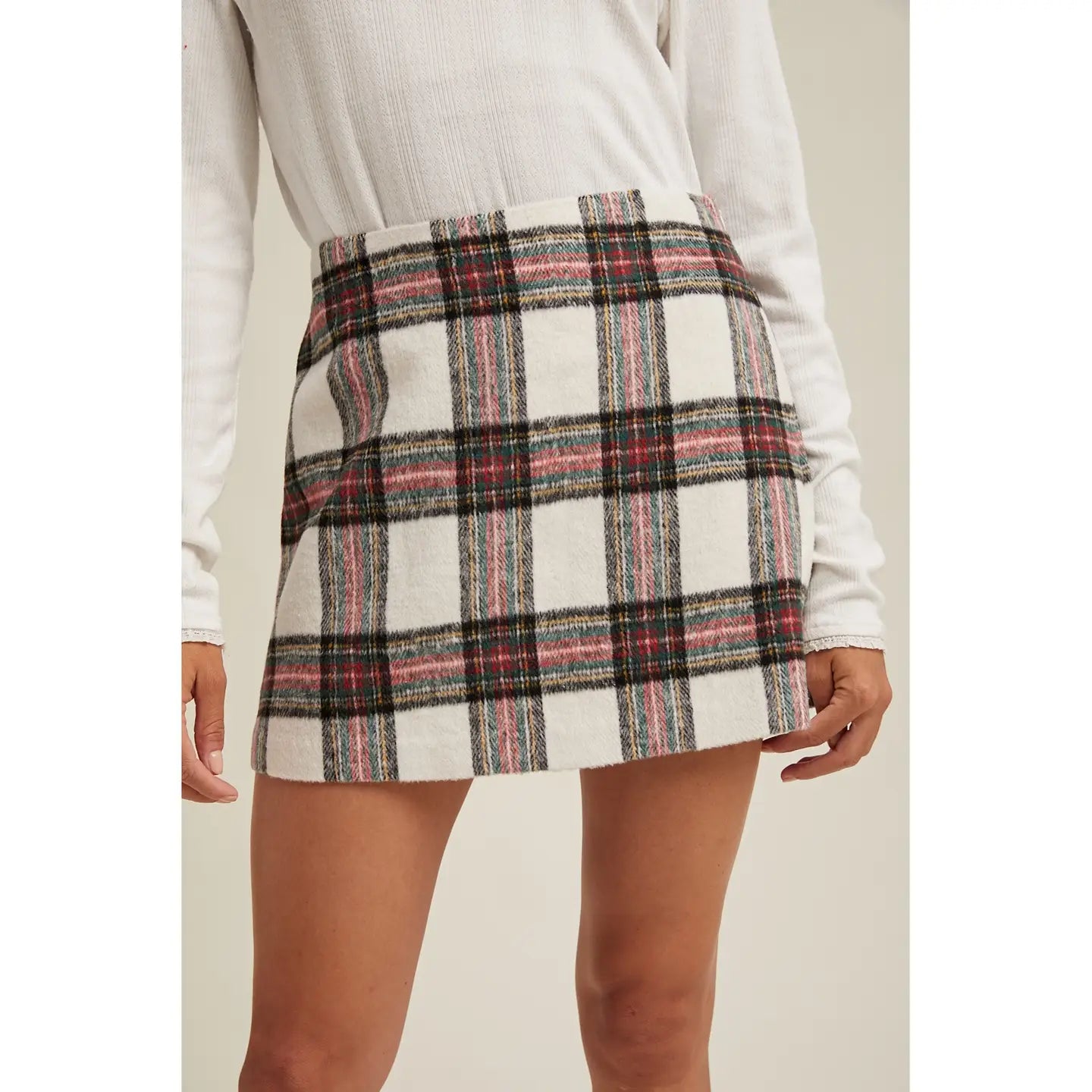 Brushed Plaid Mini Skirt - Cream Combo