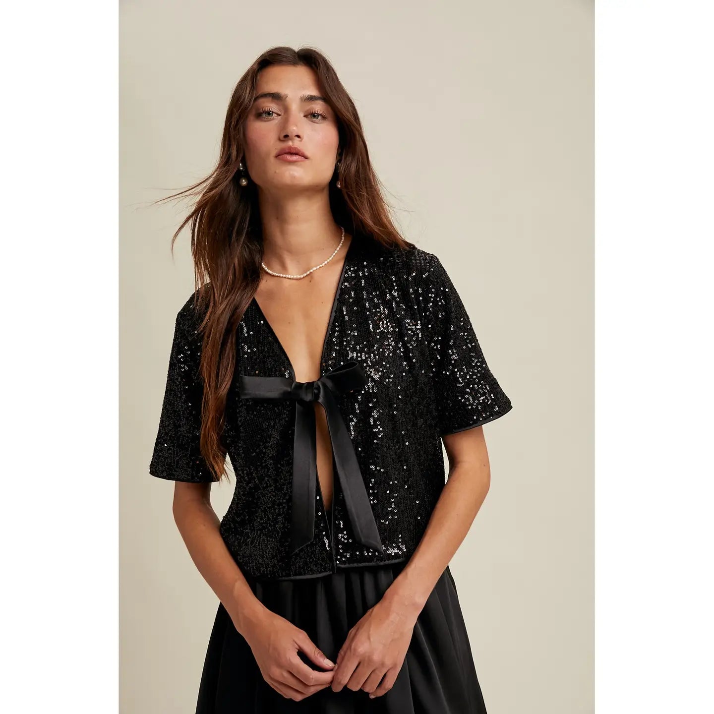 Sequin Top with Bow Detail - Black