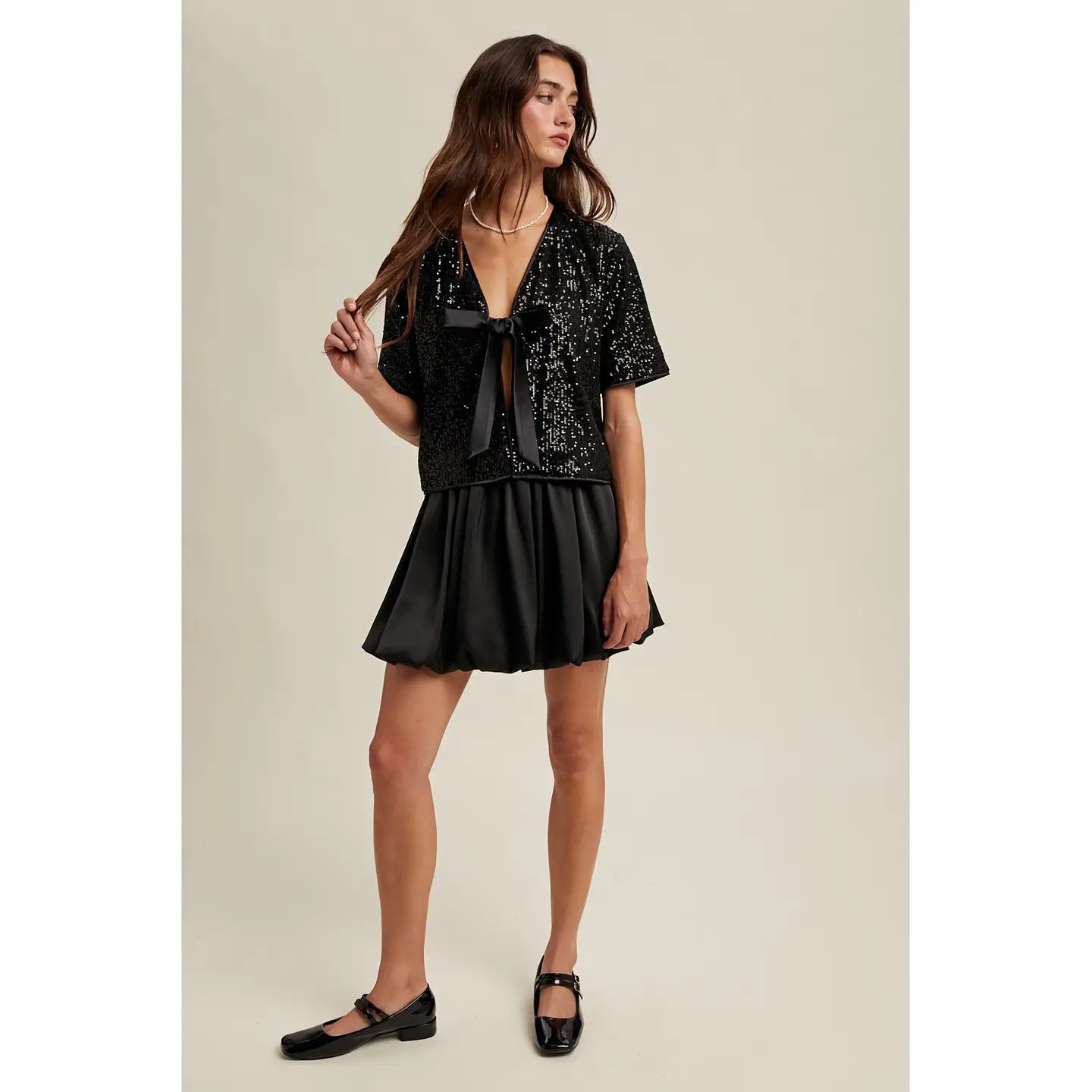 Sequin Top with Bow Detail - Black