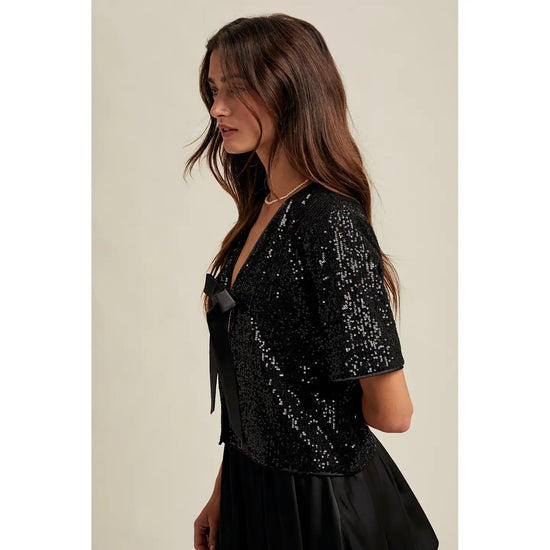 Sequin Top with Bow Detail - Black
