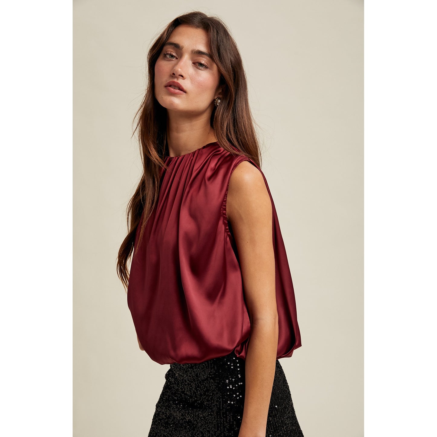 Double Layer Satin Top - Burgundy