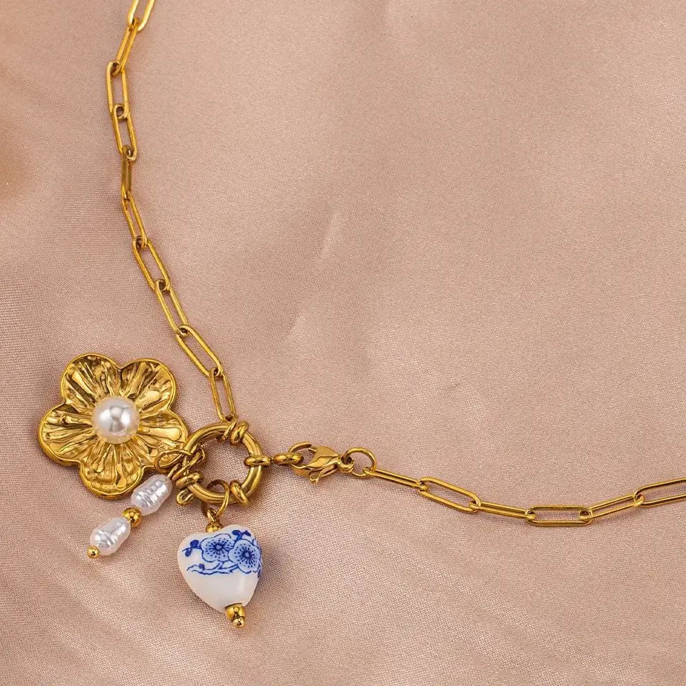 Heart Flower Charm Necklace