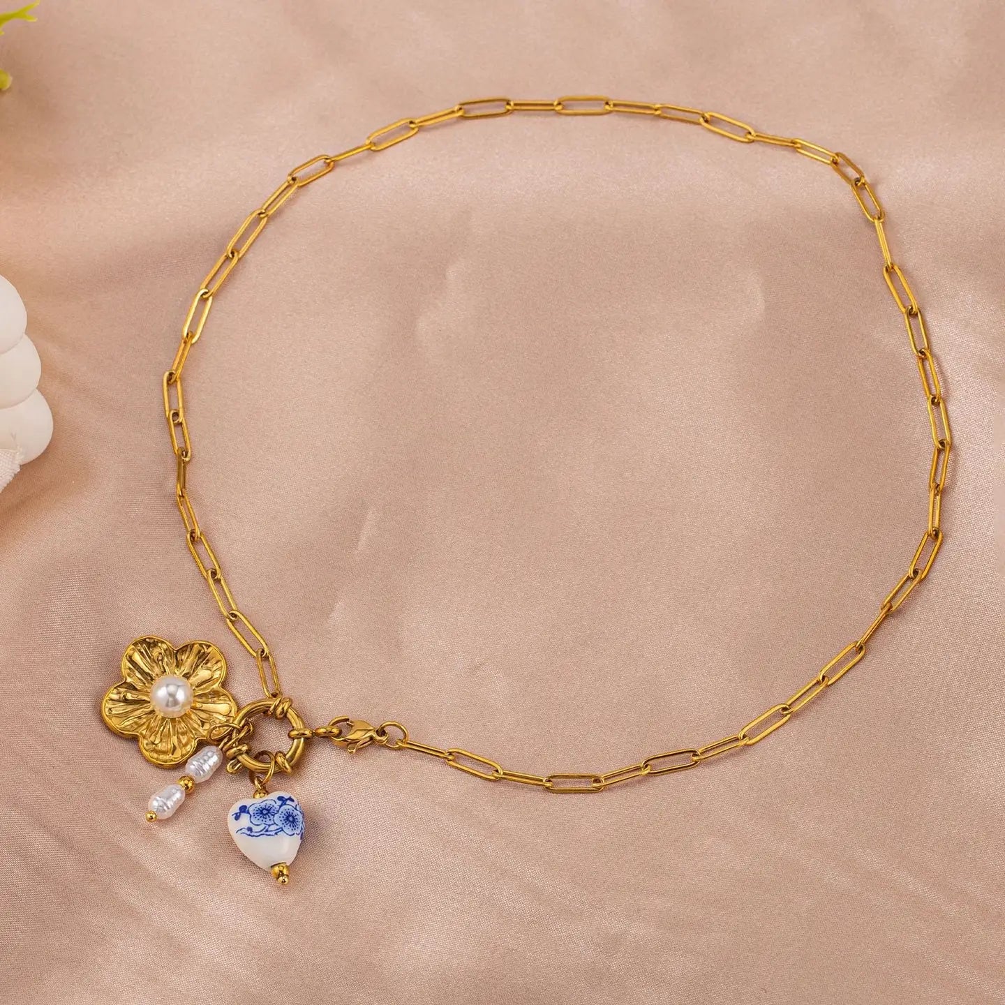 Heart Flower Charm Necklace