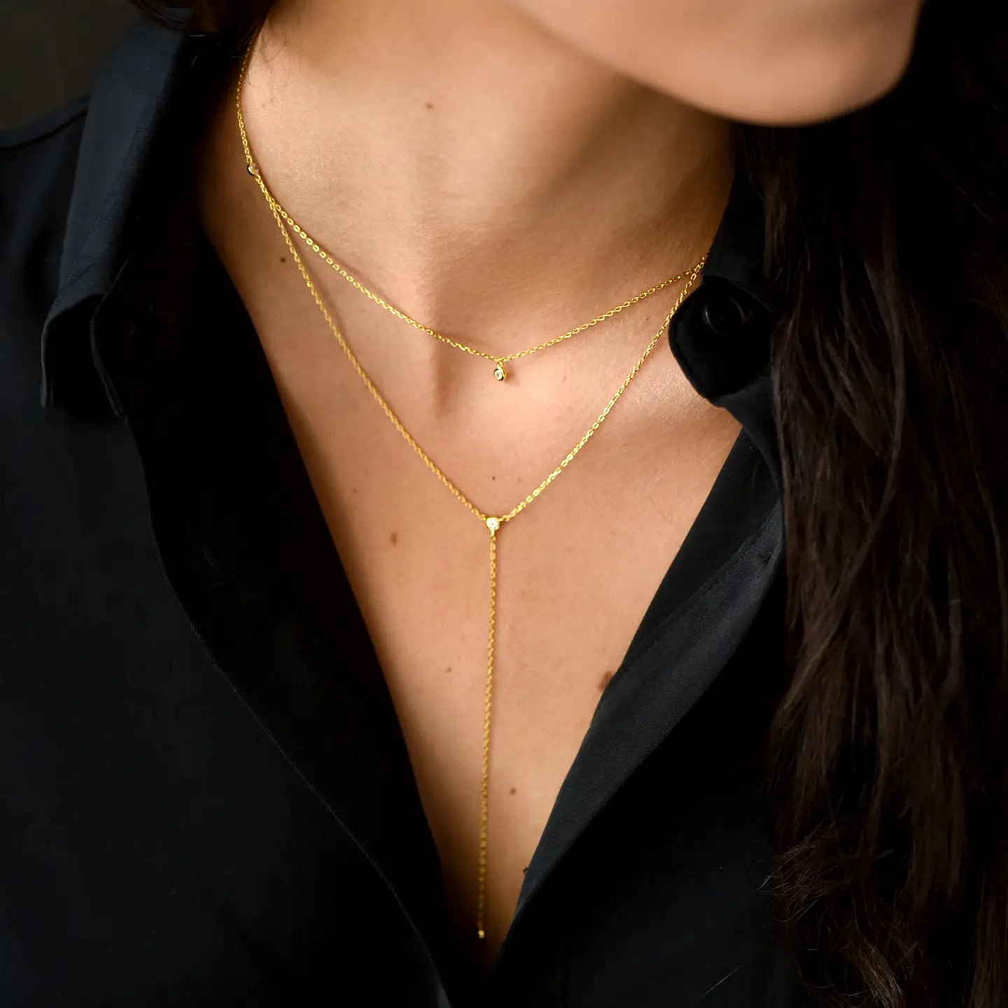 Minimalist Larriat CZ Necklace - White Rhodium