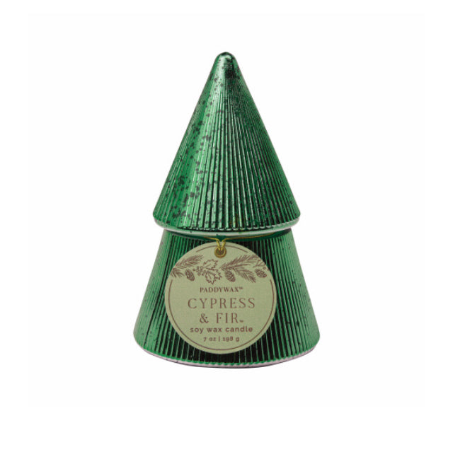 Green Ribbed Mercury Stacked Tree Candle - Cypress & Fir