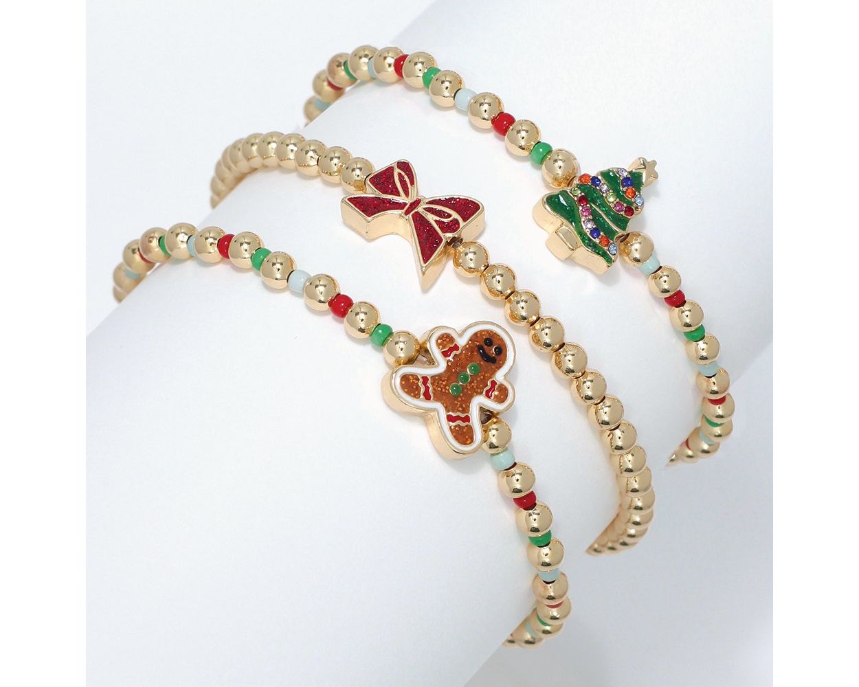 Gold Bead Bracelet with Holiday Tree Charm