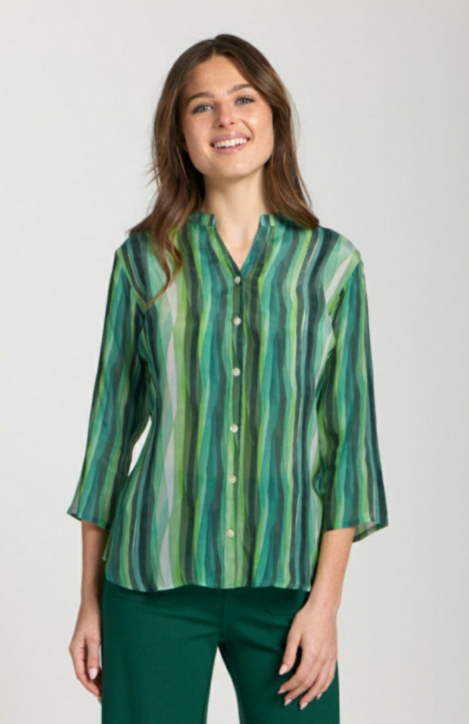 Button Front Top with 3/4 Sleeves - Green