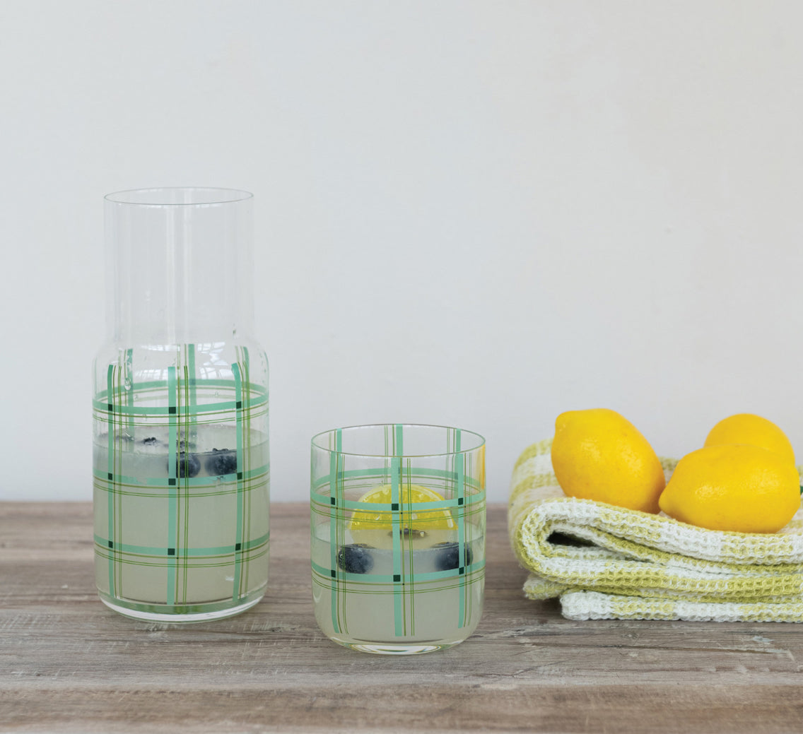 Plaid Patterned Glass Carafe with Drinking Glass