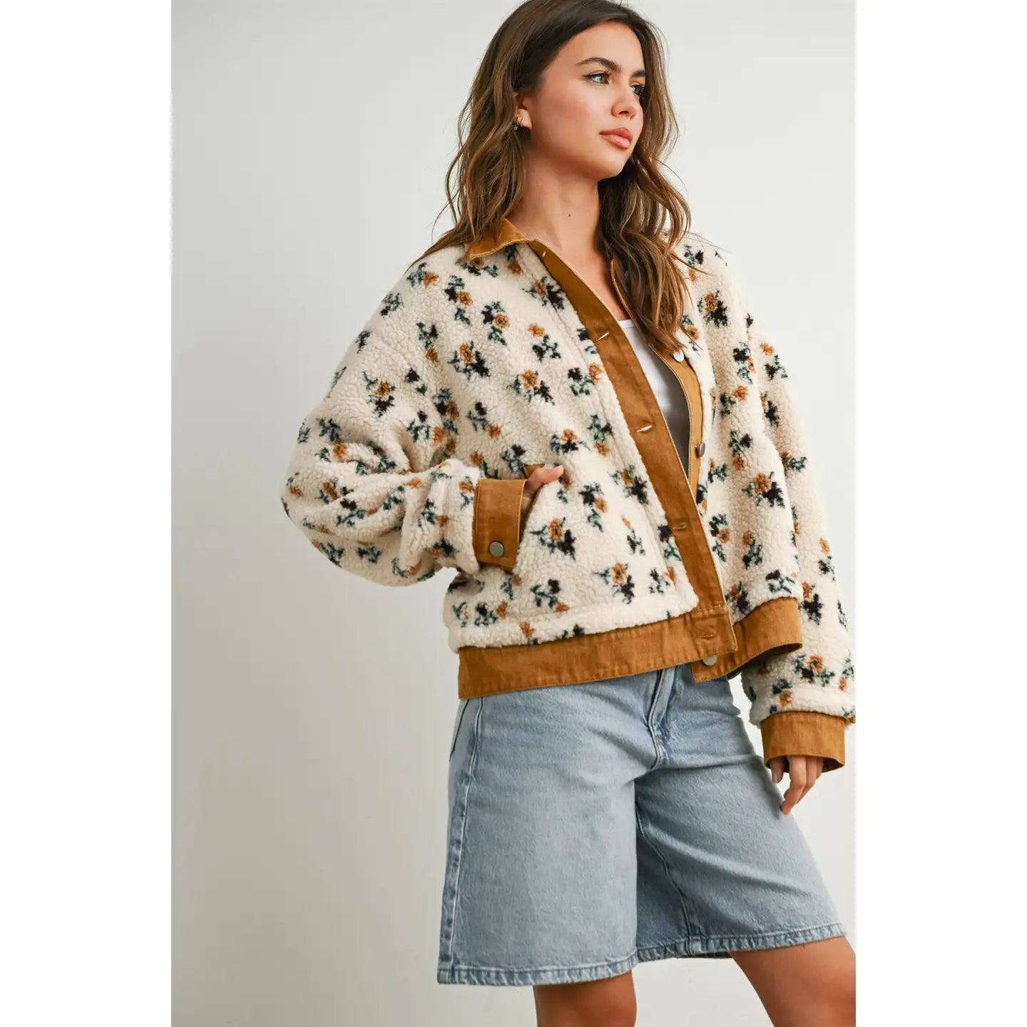 Button Front Floral Fleece Jacket - Camel/Cream