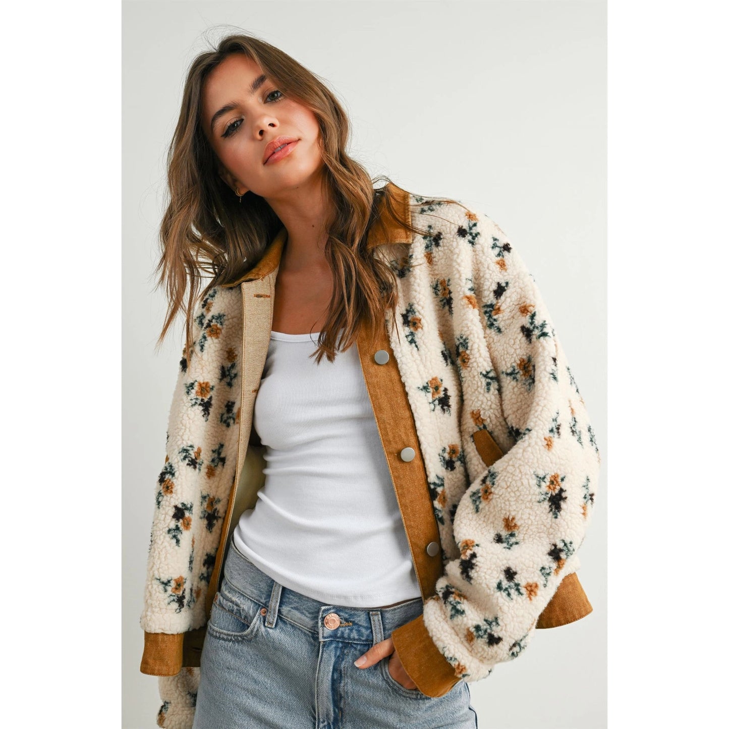Button Front Floral Fleece Jacket - Camel/Cream