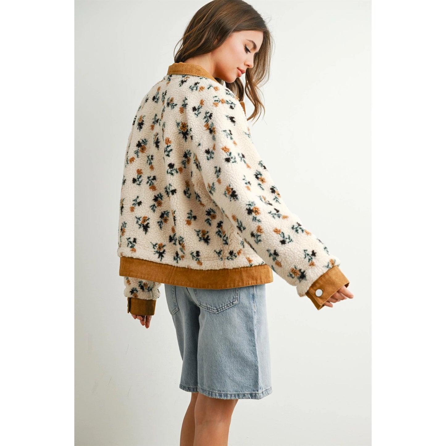 Button Front Floral Fleece Jacket - Camel/Cream