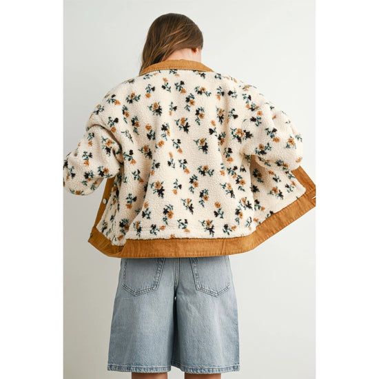 Button Front Floral Fleece Jacket - Camel/Cream