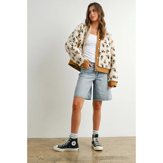 Button Front Floral Fleece Jacket - Camel/Cream