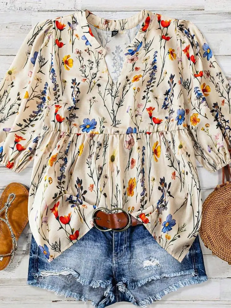 Holiday Floral Print Top with Puffed Sleeves - Apricot