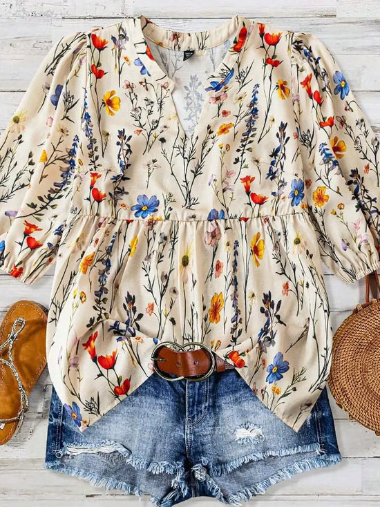 Holiday Floral Print Top with Puffed Sleeves - Apricot