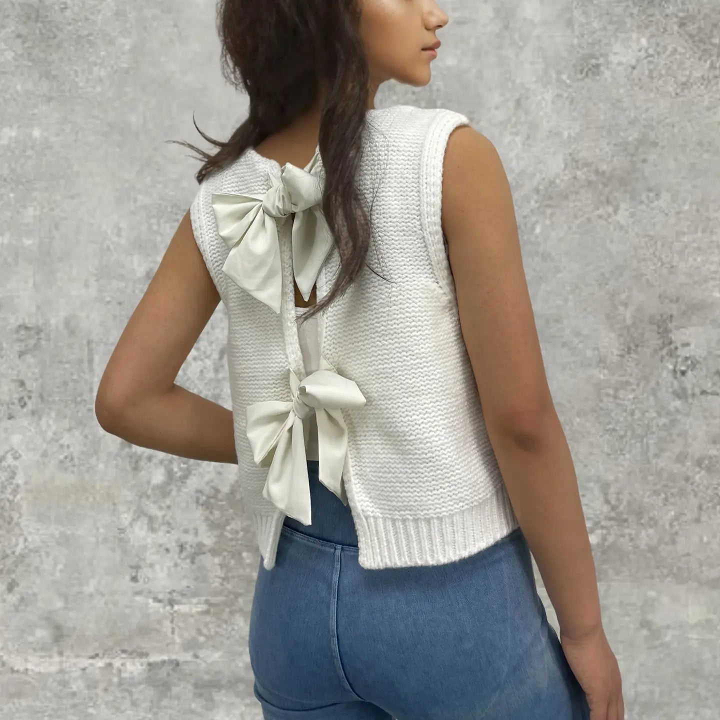 Knit Vest with Satin Bow Ties in Back - White