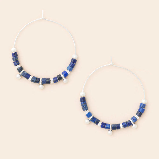 Stone Disc Hoop Earrings - Lapis / Silver