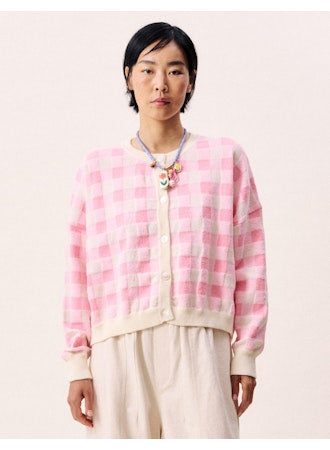 Padina Checked Cardigan Sweater - Rose