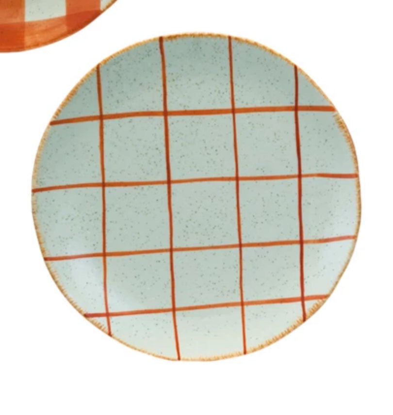 Hand-Painted Stoneware Plate - Orange Windowpane