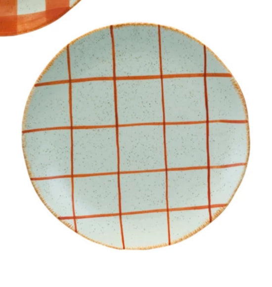 Hand-Painted Stoneware Plate - Orange Windowpane