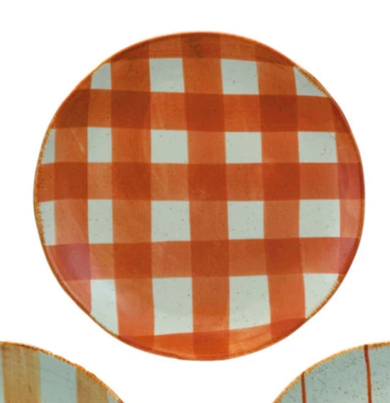 Hand-Painted Stoneware Plate - Orange Checks