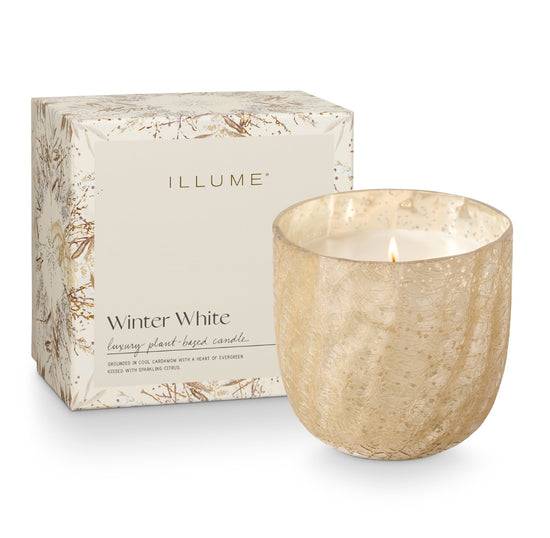 Winter White Crackle Glass Candle in Gift Box - Large