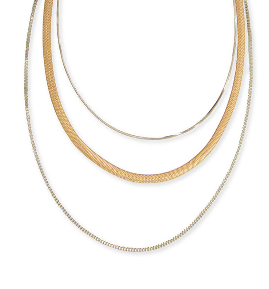 Mixed Media Three Row Chain Necklace - Silver/Gold