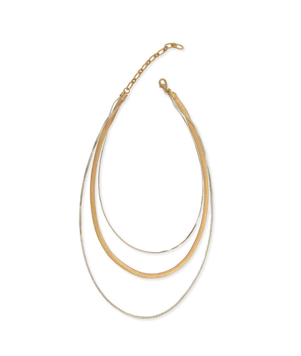 Mixed Media Three Row Chain Necklace - Silver/Gold